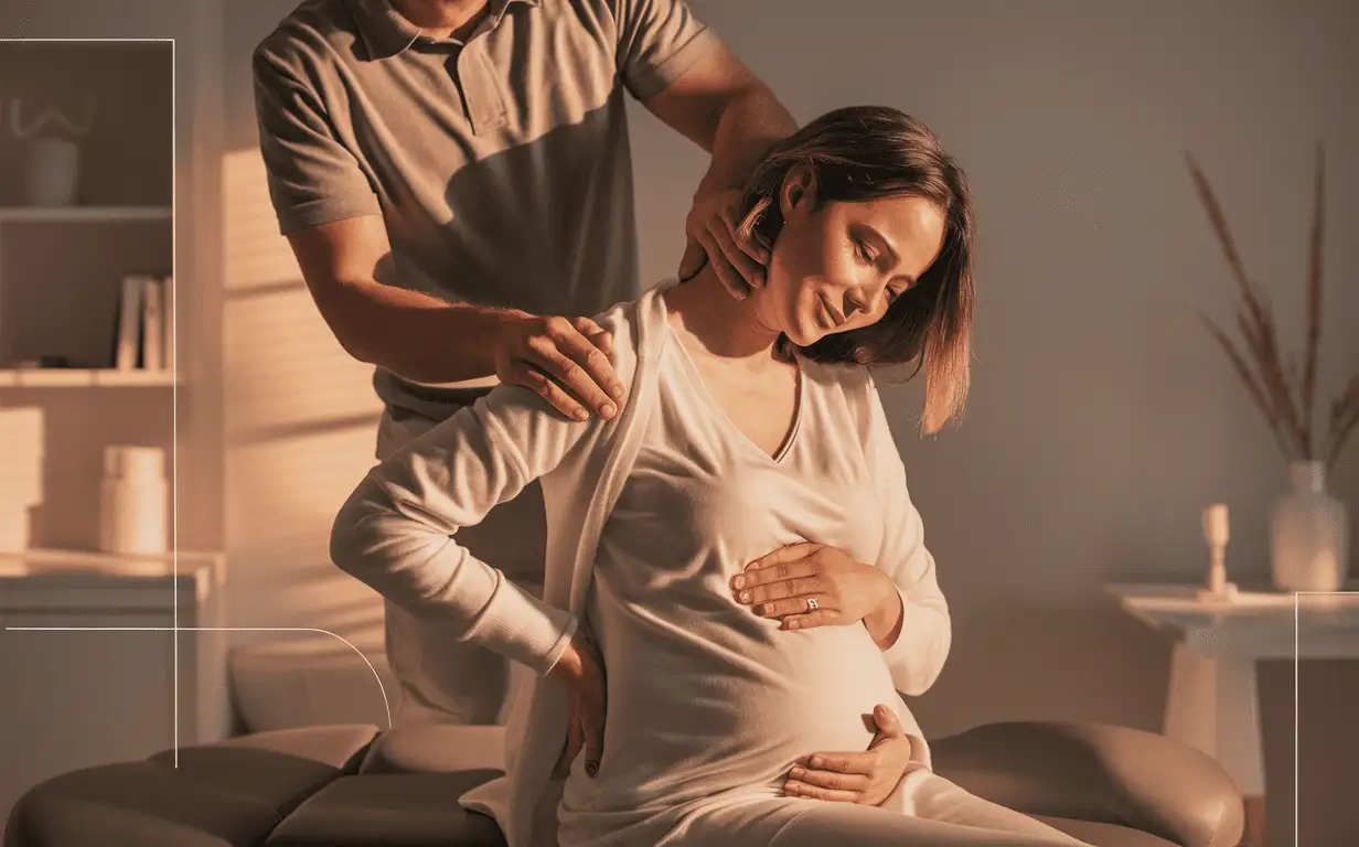 Pregnant patient receiving gentle chiropractic care for her upper back